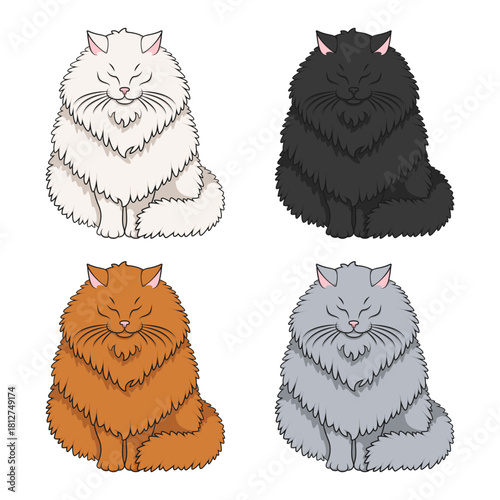 Set of color illustrations featuring fluffy cat. Isolated vector objects on white background.