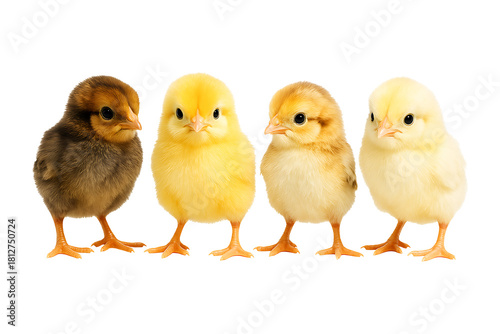 Group of Baby Chicks Standing Together in Bright Colors Isolated on a Transparent Background