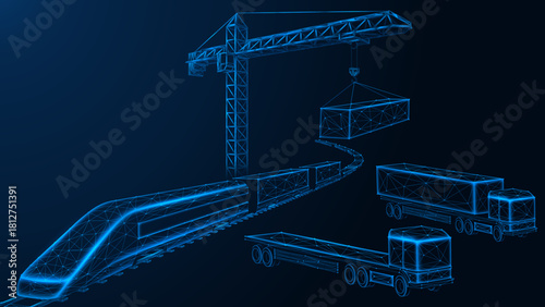 Digital cargo flow. A tower crane lifting a container from a truck for loading onto a train. Concepts of automation, logistic integration, smart supply chains and digital delivery.