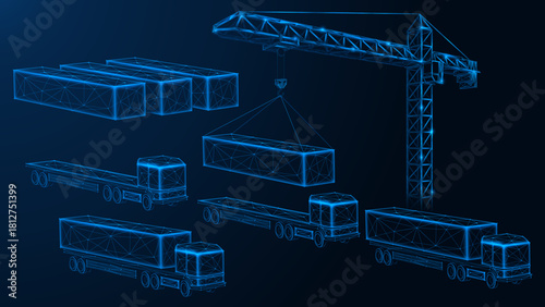 The digital twin of the supply chain. A tall tower crane that loads a large container onto a truck. Polygonal design, blue background.