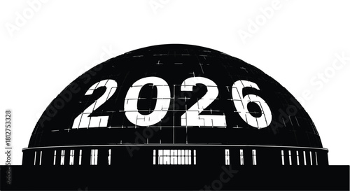 Futuristic dome structure illuminated with the year 2026, symbolizing progress and the future.