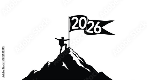 Person standing on mountain peak holding flag with 2026, symbolizing achievement and future goals.