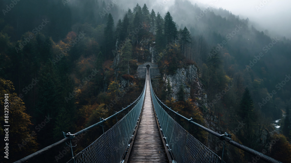 Obraz premium Suspension Bridge Through Misty Mountain: A long, sturdy suspension bridge gracefully spans across a deep ravine, disappearing into a misty forest, evoking a sense of adventure and tranquility.