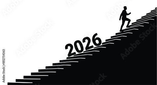 Silhouette of a person climbing stairs towards the year 2026, symbolizing future success and progress.