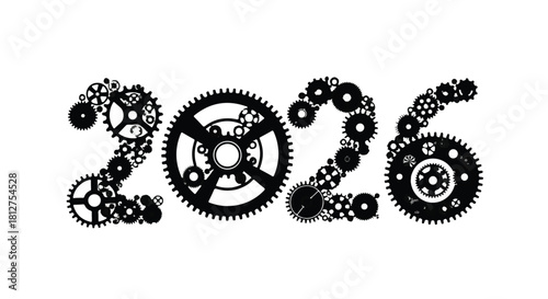 Futuristic 2026 numerals crafted from intricate gears, symbolizing innovation and progress