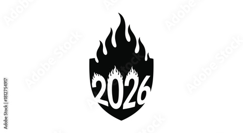 Bold shield emblem with fiery flames and the year 2026