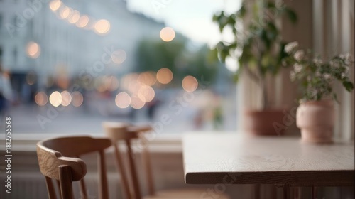 Fototapeta Naklejka Na Ścianę i Meble -  Wooden table and two wooden chairs in front of a large window with a view of a city street. the window is covered with string lights, creating a bokeh effect.