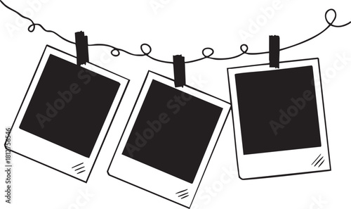 Three black instant photo frames hanging on a string with clothespins silhouette isolated on transparent background