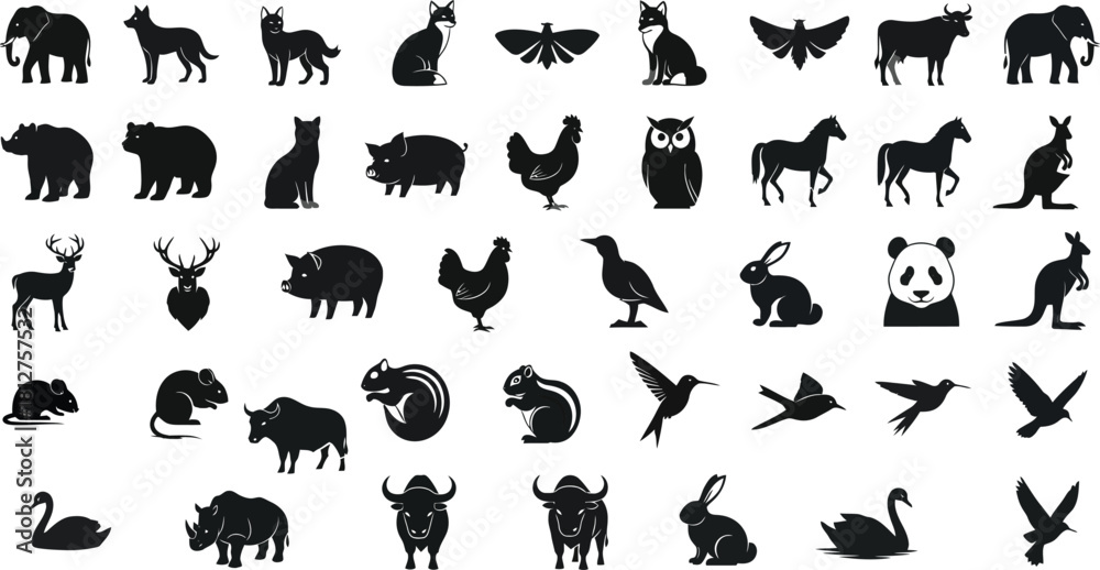 Obraz premium Diverse animal silhouettes collection wildlife birds and insects in black