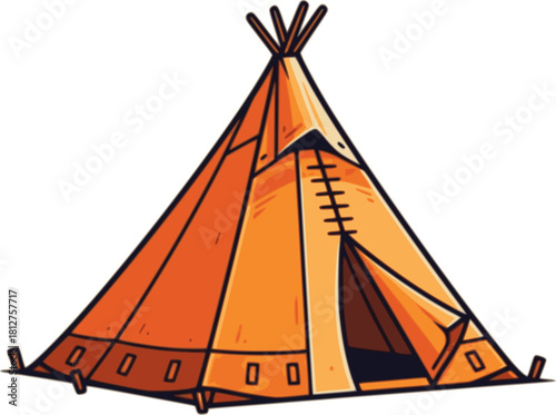 Orange camping tent vector illustration isolated PNG background. Native American teepee tipi for outdoor adventure, wilderness camping, festival design. Perfect for travel and nature projects