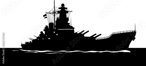 Battleship Silhouette: A powerful and majestic battleship dominates the scene, its silhouette stark against a simplified seascape. This iconic image evokes strength, history, and naval power.