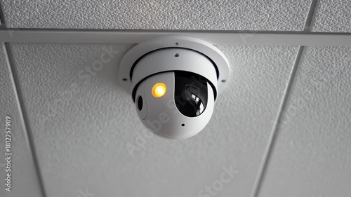 White surveillance camera mounted on ceiling for security