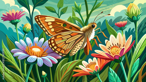 Very beautiful close-up illustration of a delicate Dakota skipper resting on a vibrant wildflower, showcasing soft natural lighting, fine wing textures, gentle garden ambiance, and a clean composition