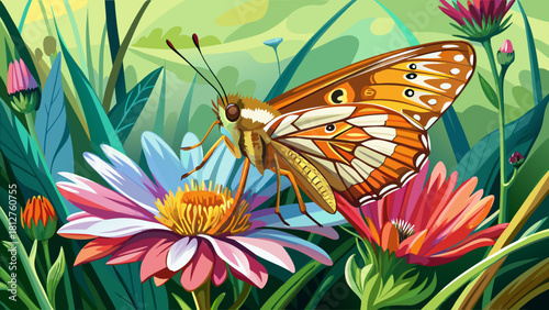 Very beautiful close-up illustration of a delicate Dakota skipper resting on a vibrant wildflower, showcasing soft natural lighting, fine wing textures, gentle garden ambiance, and a clean composition