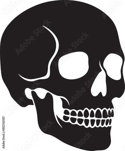 A stark black silhouette of a human skull isolated on transparent background