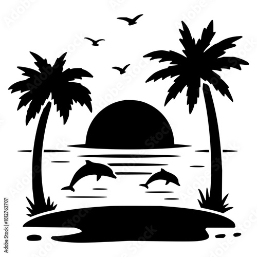 Tropical island paradise at sunset with playful dolphins, palm trees, and birds in silhouette for vacation vibes and dreamy escapes, great for travel themes