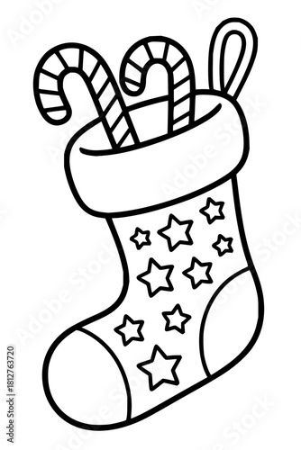 Festive Christmas stocking outline with candy canes, perfect for holiday crafts and coloring pages, adding a touch of seasonal cheer to your designs
