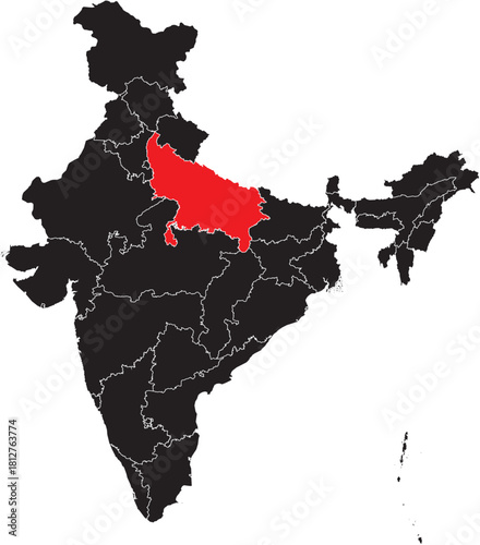 Uttar Pradesh State on Map of India Vector Editable