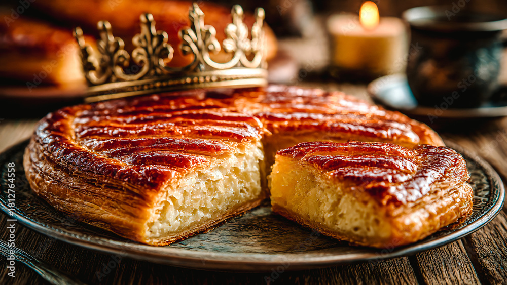 Fototapeta premium Galette des rois à la frangipane avec couronne