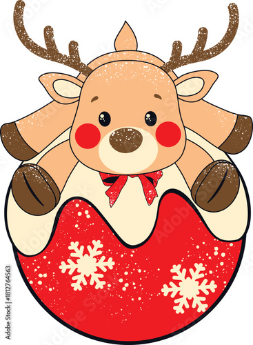 Cute Christmas reindeer sitting in holiday ornament festive cartoon vector illustration.