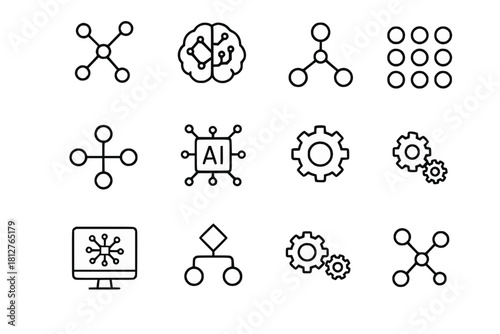 Minimalist AI Icon Set Neural Networks, Machine Learning, Data Clusters, Algorithmic Gears in Black Line Art on White Background