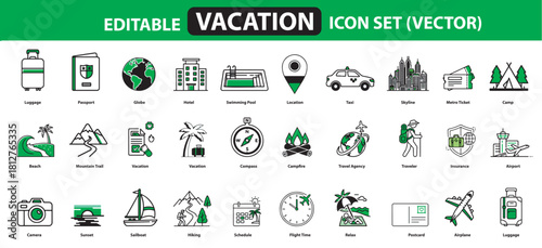 Travel Icon Set – White, Black & Green Lineal Icons for Airplane, Luggage, Passport, Hotel, Beach, Hiking & More