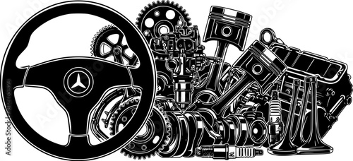 Car engine parts and components vector illustration with steering wheel and gears in black silhouette style	
