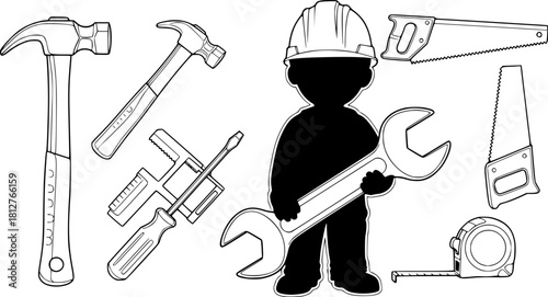 Child engineer coloring page, construction tools, career vector silhouette illustration isolated on white background
