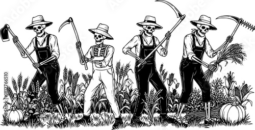 Skeleton farmers in traditional attire, harvesting crops with tools, symbolic agriculture and mortality concept, black and white vintage illustration, cultural farming scene 