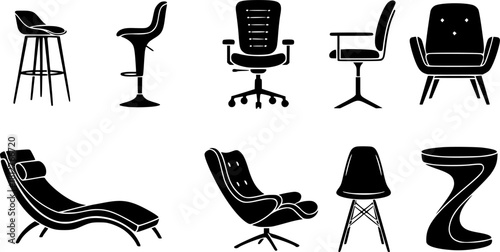 Silhouette collection of modern chairs and stools, bar seating, office furniture, ergonomic designs, vector icons for interior, furniture, and lifestyle themes 
