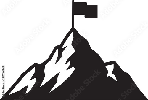 Black silhouette of a mountain peak with a flag on top isolated on transparent background