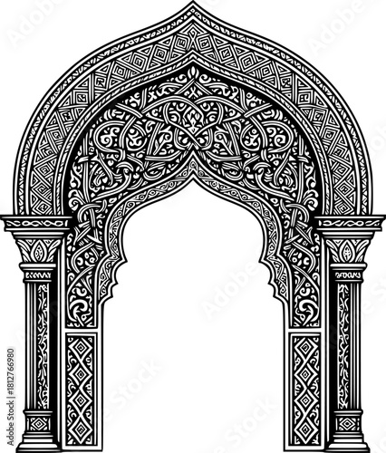 Intricate engraved arabesque arch with geometric details for retro design
