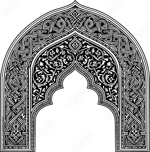 Intricate engraved arabesque arch with geometric details for retro design
