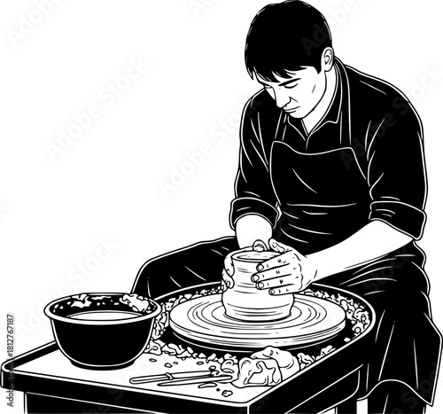 Silhouette vector of person crafting pottery on wheel	
