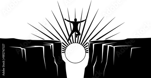 Man jumping silhouette between cliffs at sunrise — motivational success and challenge concept for design and business visuals	