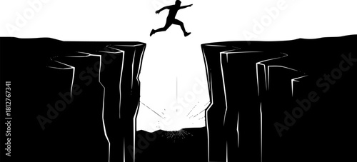 Man jumping silhouette between cliffs at sunrise — motivational success and challenge concept for design and business visuals	