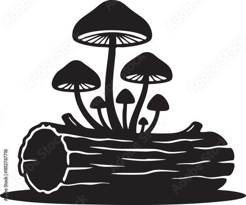 Black silhouette of mushrooms growing on a log isolated on transparent background