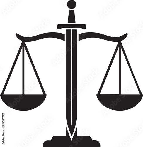 Black silhouette of justice scales with sword isolated on transparent background