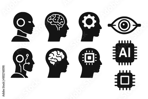 Collection of 10 Futuristic AI Icons Humanoid Profiles, Digital Brains, Robotic Eyes, Smart Chipsets in Monochrome Vector Style on White Background