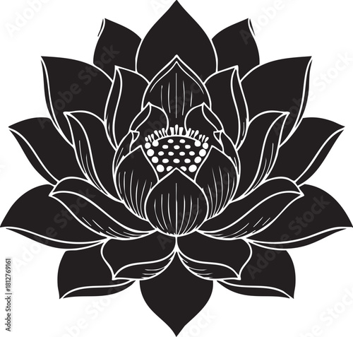 Detailed black silhouette of a blooming lotus flower isolated on transparent background