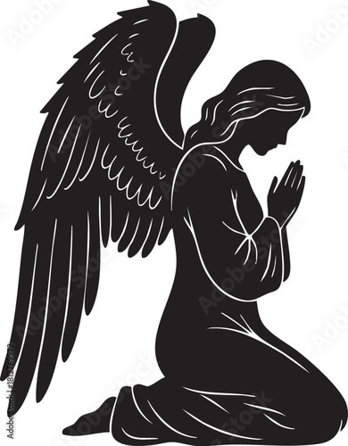 Elegant black silhouette of a praying angel with large wings isolated on transparent background