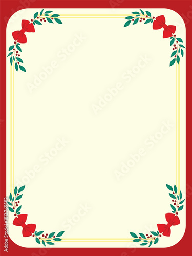 Elegant blank holiday card template with a red border, gold inner frame, and festive corner decorations featuring red bows, green leaves. Ideal for seasonal greetings or decorative stationary design