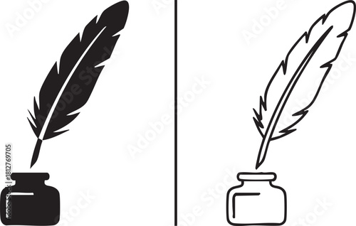 Feather quill pen and inkwell silhouette and outline isolated on transparent background