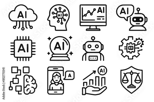 Pack of 15 Black and White AI Icons Cloud Computing, Predictive Analytics, Virtual Assistants, Ethical AI in Bold Outline Style on White Background