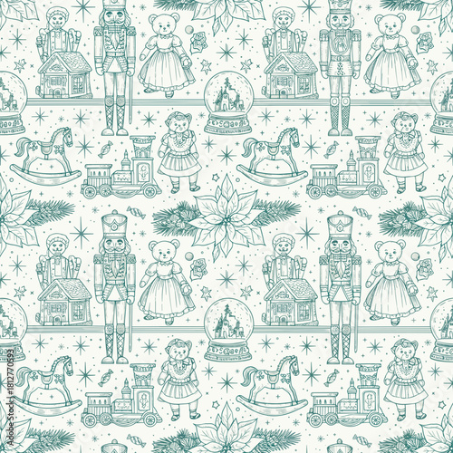 Victorian Toyshop Engraving VectorSVG Seamless Monochrome Teal Christmas Pattern with Intricate Nutcrackers, Wooden Toys, and Holly in High-Detail Vintage Pen-and-Ink Style.