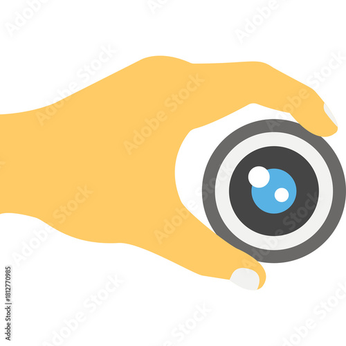 Hand Holding A Compact Camera Lens With Blue Iris And White Pupil Against A Transparent Background
