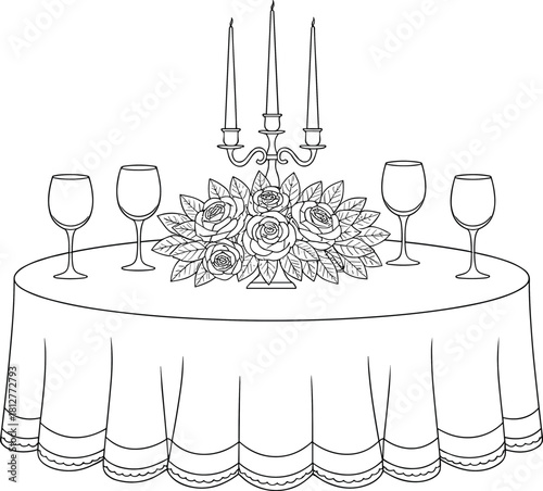 Black and White Outline Drawing of a Formal Romantic Dinner Arrangement for Special Occasions, Featuring Candelabra and Floral Decoration.