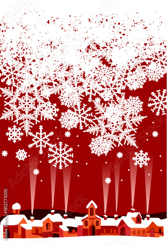 Christmas and New Year red and white background with big snowflakes and little houses in the snow in a funny flat style. Vector illustration