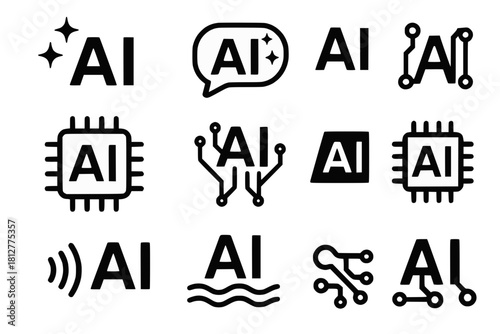 Set of 10 Abstract AI Icons with Sparkles, Circuits, Microchips and Digital Waves in High-Resolution Black Vector on White Background
