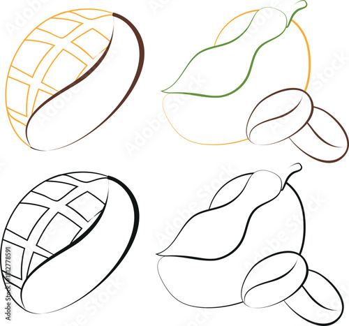 set of themed icons on the theme of different coffee flavors, namely a combination of coffee and ripe mangoes in line art style, for cafes, restaurant menus or stickers